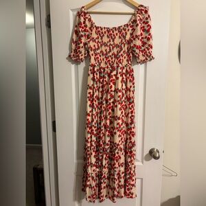 Betsey Johnson Strawberry Fields Tiered Smocked Maxi Dress